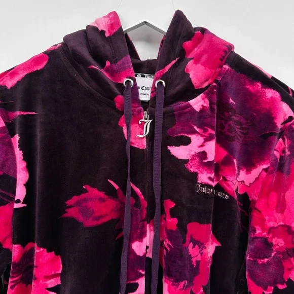 Juicy Couture Velour Track Jacket Size XL Hooded Floral Coquette Streetwear Boho - Picture 4 of 15